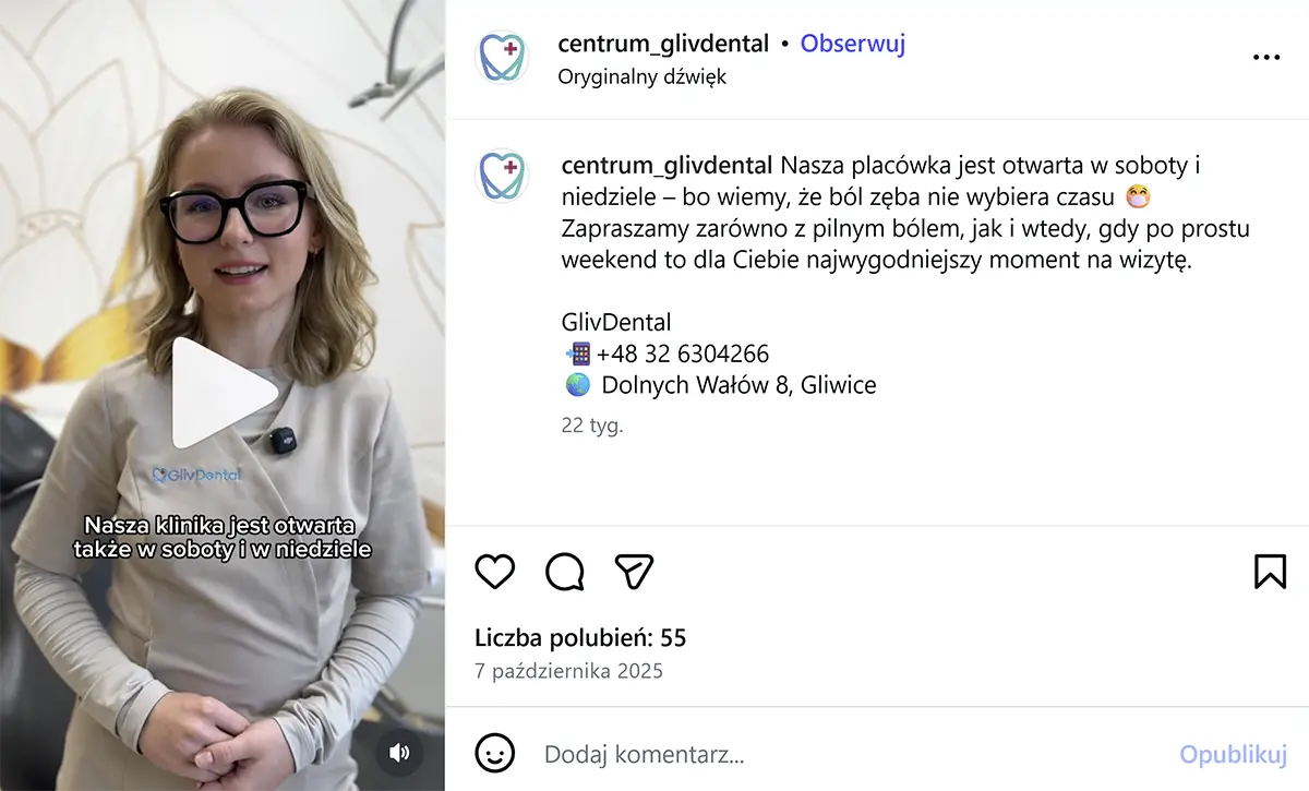 Post Instagram - GlivDental otwarte w weekendy